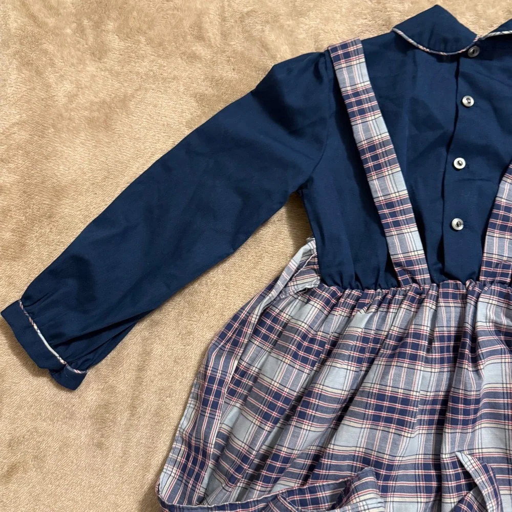 Polly Flinders Vintage Navy Plaid Hand Smocked Dress Girls 6X